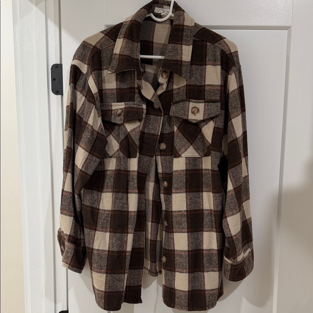 Plaid Button-Up Shacket with pockets in Brown and Cream